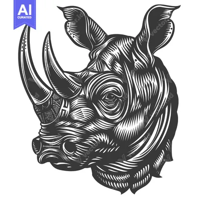 Aset desain premium: Black and White Illustration of a Rhinoceros Head