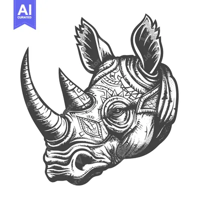 Aset desain premium: Black and White Illustration of a Rhino Head with Intricate Patterns