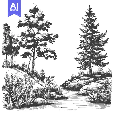 Aset desain premium: Black and White Illustration of a River in a Forest