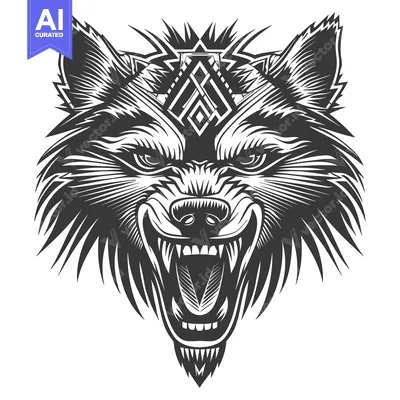 Aset premium populer: Black and White Illustration of a Roaring Wolf with Geometric Pattern