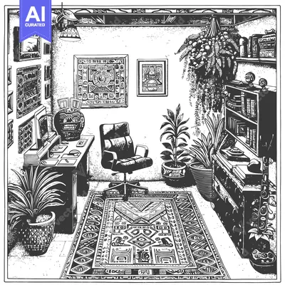 Aset desain premium: Black and White Illustration of a Room with a Desk and an Office Chair