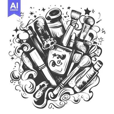 Aset premium populer: Black and White Illustration of Art Supplies with Swirls