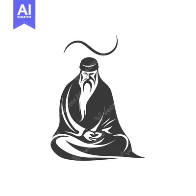 Aset desain premium: Black and White Illustration of a Seated, Bearded Man