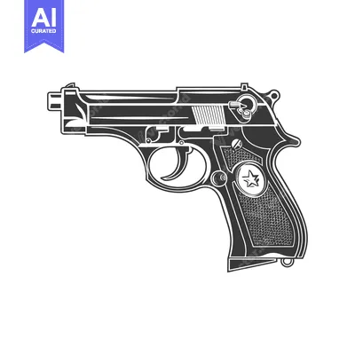 Aset premium populer: Black and white illustration of a semi-automatic pistol with a star on
