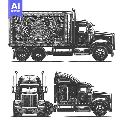 Black and White Illustration of a Semi-Truck with a Tribal Design on i