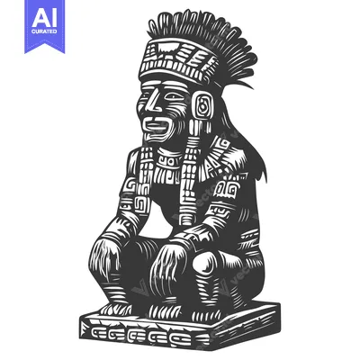 Aset premium populer: Black and White Illustration of a Sitting Aztec Statue