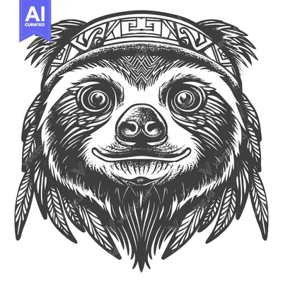 Aset desain premium: Black and White Illustration of a Sloth Wearing a Headband with Feathe