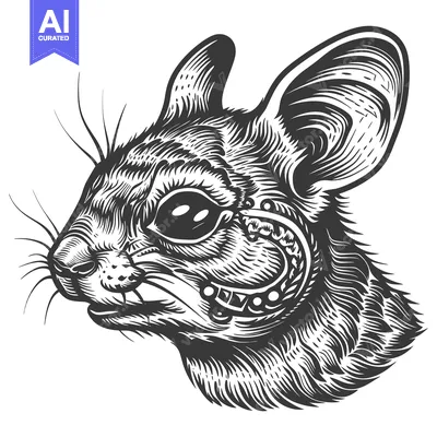 Black and white illustration of a small animal's head with a horseshoe