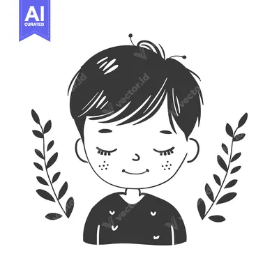 Aset desain premium: Black and White Illustration of a Smiling Boy with Short Hair