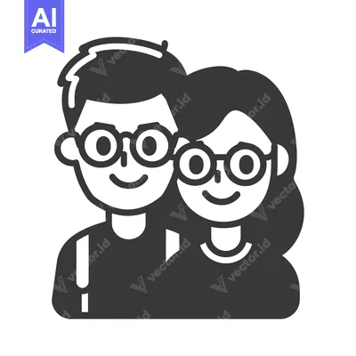 Premium design asset: Black and White Illustration of a Smiling Couple Wearing Glasses