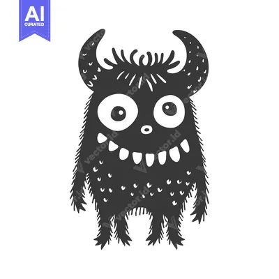 Aset premium populer: Black and White Illustration of a Smiling Furry Monster with Horns