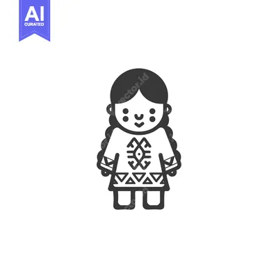 Aset desain premium: Black and White Illustration of a Smiling Girl in Traditional Clothing