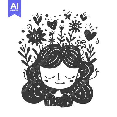 Aset desain premium: Black and White Illustration of a Smiling Girl with Flowers and Hearts