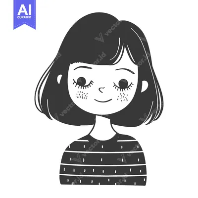 Aset desain premium: Black and white illustration of a smiling girl with short hair