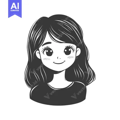 Black and White Illustration of a Smiling Young Woman with Long Wavy H
