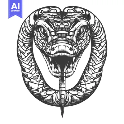Aset desain premium: Black and White Illustration of a Snake Head with Fangs Out