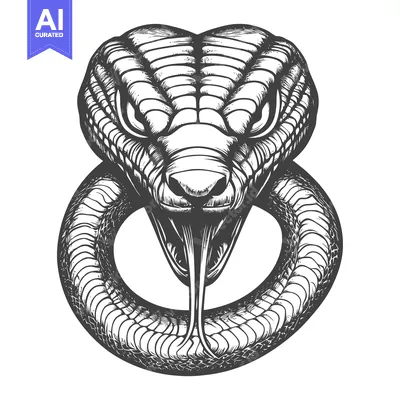 Premium design asset: Black and White Illustration of a Snake with Fangs Out