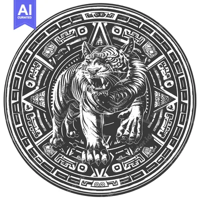 Aset desain premium: Black and white illustration of a snarling tiger in a circular frame w