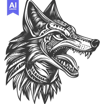Popular premium asset: Black and white illustration of a snarling wolf's head with intricate