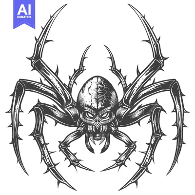 Black and White Illustration of a Spiky, Fanged Spider