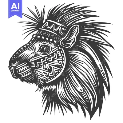 Aset desain premium: Black and White Illustration of a Spiky-Haired Animal Wearing a Tribal