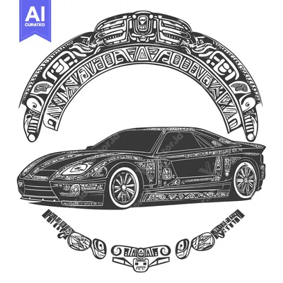 Aset desain premium: Black and White Illustration of a Sports Car with Aztec-Inspired Desig
