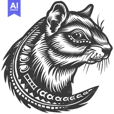 Aset desain premium: Black and White Illustration of a Squirrel's Head with Tribal Pattern