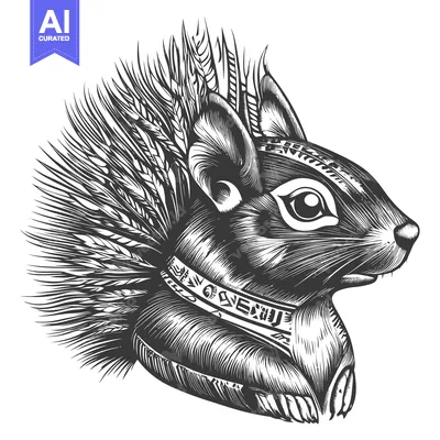 Aset desain premium: Black and White Illustration of a Squirrel with Wheat