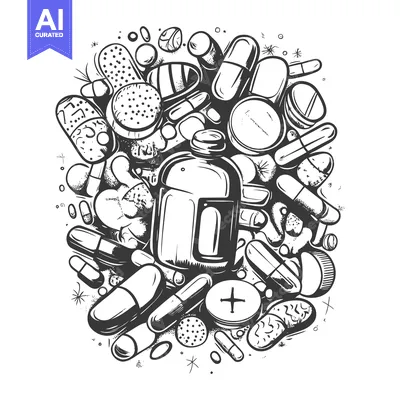 Aset desain premium: Black and White Illustration of Assorted Pills and a Medicine Bottle