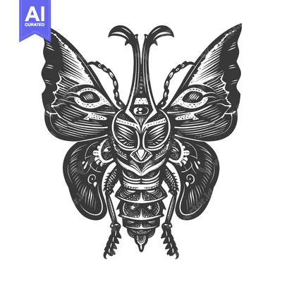 Aset premium populer: Black and White Illustration of a Steampunk Butterfly with a Third Eye
