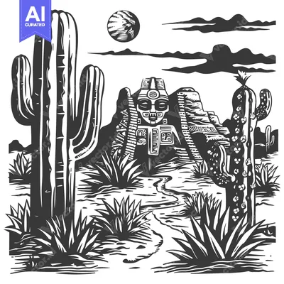 Popular premium asset: Black and White Illustration of a Stone Face in a Desert Landscape wit