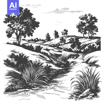 Premium design asset: Black and White Illustration of a Stream Through a Wooded Landscape