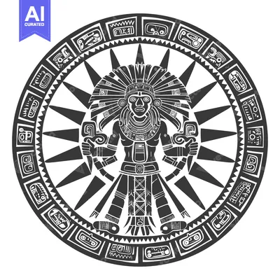 Popular premium asset: Black and white illustration of a stylized Aztec deity within a circul