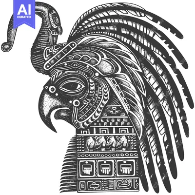 Aset desain premium: Black and White Illustration of a Stylized Bird with Feathered Headdre