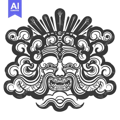 Aset desain premium: Black and White Illustration of a Stylized Deity Face Surrounded by Cl