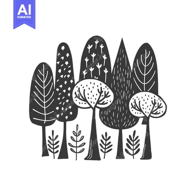 Premium design asset: Black and White Illustration of a Stylized Forest with Five Trees