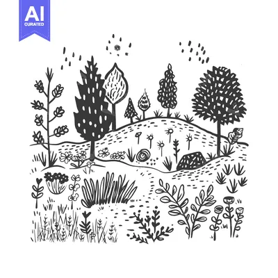 Aset desain premium: Black and White Illustration of a Stylized Forest with Hill and Flower