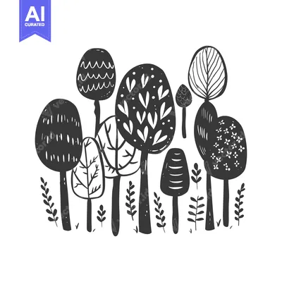 Aset premium populer: Black and White Illustration of a Stylized Forest with Seven Trees