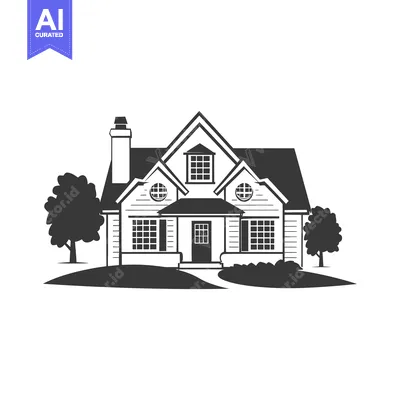 Aset desain premium: Black and White Illustration of a Suburban Home with a Lawn and Trees