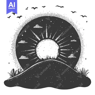 Popular premium asset: Black and White Illustration of a Sun Setting Behind a Hill