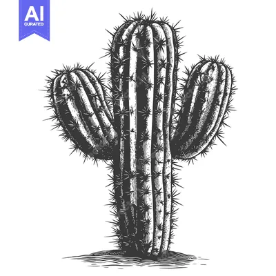 Aset premium populer: Black and White Illustration of a Tall Cactus with Three Arms