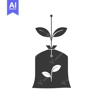 Aset desain premium: Black and White Illustration of a Tea Bag with a Stem and Two Leaves