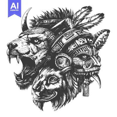 Aset desain premium: Black and White Illustration of a Three-Headed Animal with a Mask
