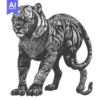 Popular premium asset: Black and White Illustration of a Tiger with Tribal Patterns