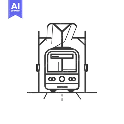 Black and white illustration of a train under an overhead wire system