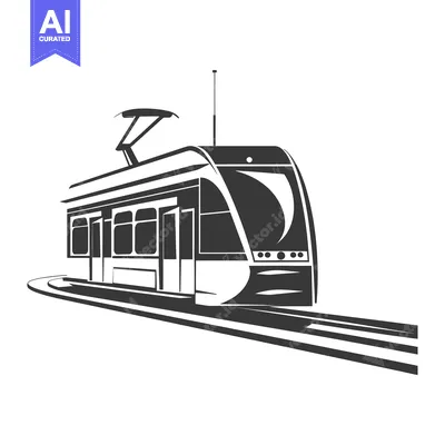 Premium design asset: Black and White Illustration of a Tram on Tracks