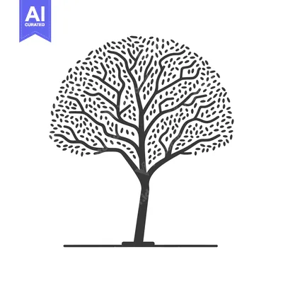 Aset desain premium: Black and White Illustration of a Tree with a Rounded Canopy and Scatt