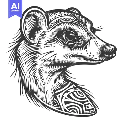 Aset desain premium: Black and White Illustration of a  Tribal Decorated Meerkat Head