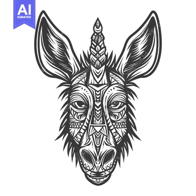 Aset desain premium: Black and White Illustration of a Tribal-Style Donkey Head