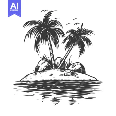 Aset desain premium: Black and White Illustration of a Tropical Island with Palm Trees